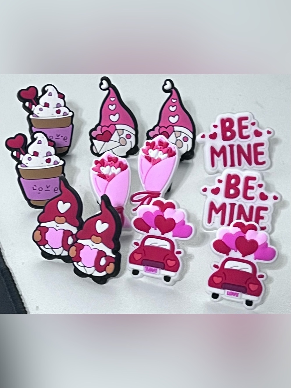 Womens Pink Valentine Gnome and Hearts Shoe Charms- set of 12